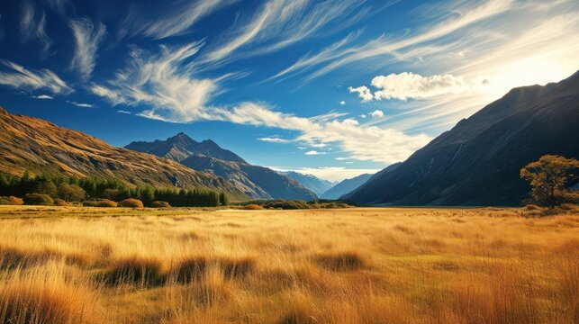 Valley background with copy space for text, featuring a beautiful landscape with mountains, a blue sky, and a wide expanse of grass in the backdrop