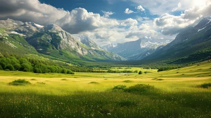 Papier Peint photo Bleu Jeans Valley background with copy space for text, featuring a beautiful landscape with mountains, a blue sky, and a wide expanse of grass in the backdrop