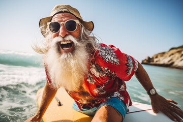 Happy Older Person Enjoying Water Sport - Beach, Hipster Outfit, Hat, Funny - 3:2 Aspect Ratio