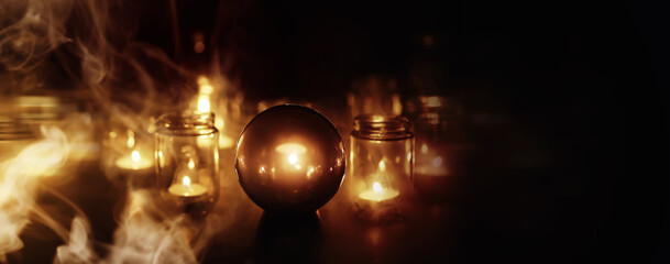 Abstract background with smoke ball and candles. Prediction of the future. Divination.