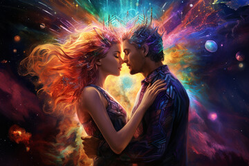 Naklejka premium Embark on a cosmic journey through psychedelic art, envisioning love as a unifying force that transcends, connecting souls across the universe - Psychedelic Art and valentine's day concept