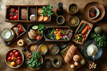 Overhead shot of a table with an array of colorful food presented on wood, suggesting a natural, wholesome diet.