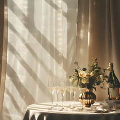 A retro set table for an party of drinking glasses and champagne bottle. Sharp shadow, vintage concept. Vintage scene.	