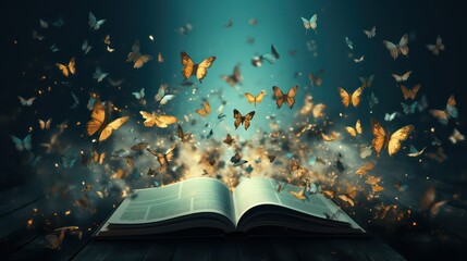 Opened book with flying butterflies on pages - obrazy, fototapety, plakaty