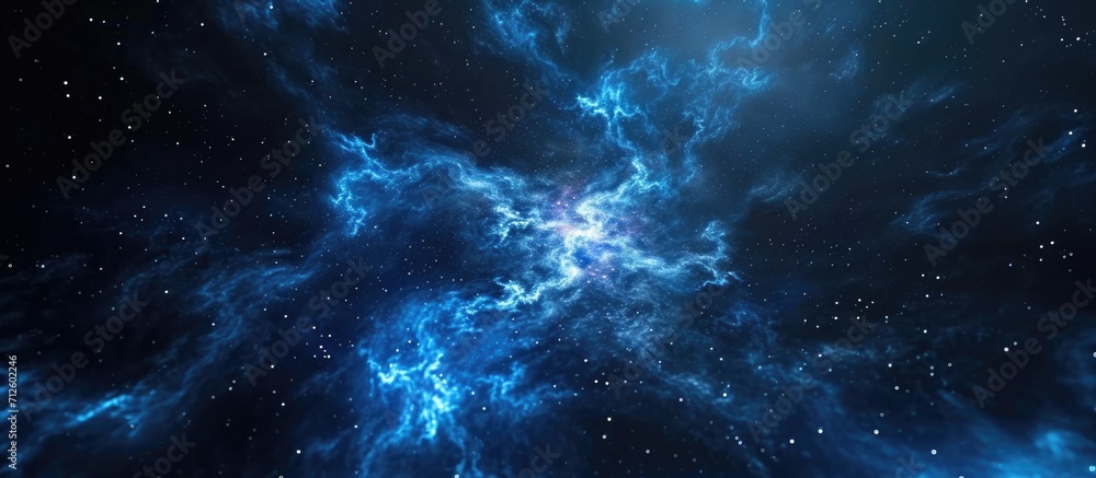 Poster computer generated rendering of a pentagon particle-filled blue nebula in deep space