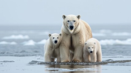 family of polar bears escapes from the melting snow. Global warming problem, Arctic protection initiative