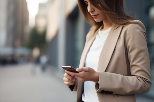 A businesswoman using her smartphone in the city,