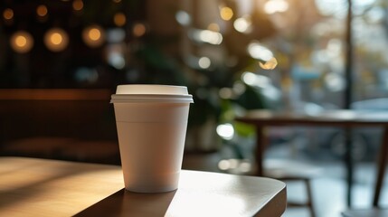 Generative AI, White paper cup on the table in the coffee shop interior, mug mock up blank.	
