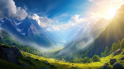 Valley background with copy space for text, featuring a beautiful landscape with mountains, a blue sky, and a wide expanse of grass in the backdrop