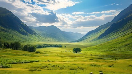 Background of a valley with open space for text, presenting a scenic landscape with mountains, a clear blue sky, and a vast stretch of grass in the background.