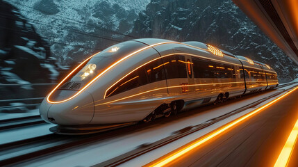 The conceptual high-speed train is driving at full speed in the countryside. AI-generated image	