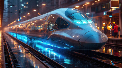 Conceptual high-speed train is speeding past the station in the city. AI generated image
