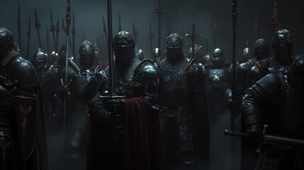 Medieval knights warriors, battle for castle, fight. Storming city, smoke and fire, battlefield. Portrait of knights with swords and spears, war