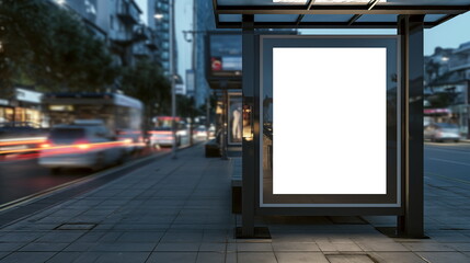 White bus stop billboard poster in a station with cars in moving in the background, Front view,...