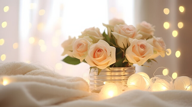 Soft White Roses and Fairy Lights in Cozy Ambience