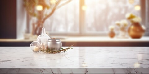 Marble countertop with blurred kitchen background. Product display table with bokeh backdrop.
