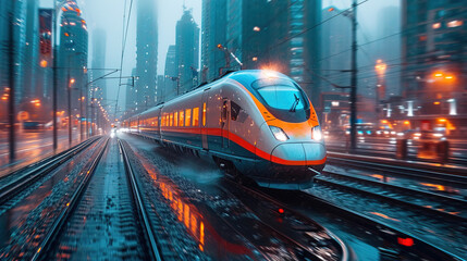 High speed electric passenger train drives at high speed among urban landscape. AI-generated image	