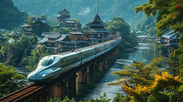 High speed electric passenger train drives at high speed among urban landscape. AI-generated image	