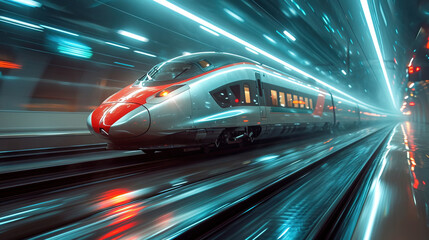 Fototapeta premium High-speed train is speeding past the station in the city. AI generated image