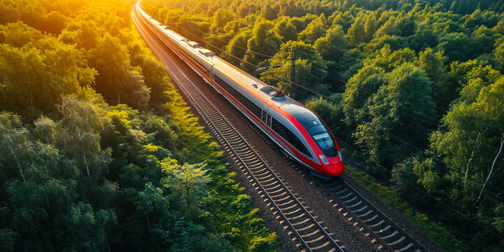 The high-speed train is driving at full speed thru the forest. AI-generated image	