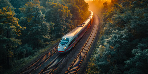 The high-speed train is driving at full speed thru the forest. AI-generated image	 - obrazy, fototapety, plakaty