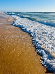 Sand beach, sea coastline, pure blue sky, natural seascape background, no people