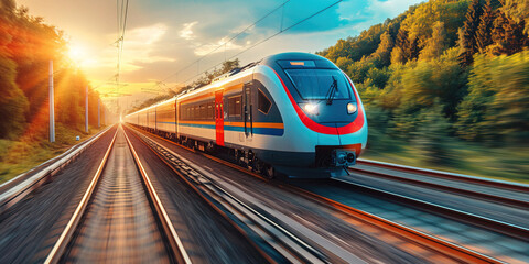 The high-speed train is driving at full speed in the countryside. AI-generated image	 - obrazy, fototapety, plakaty