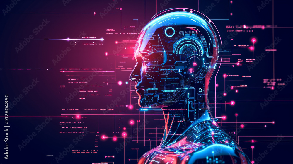 Fototapete side profile of a futuristic artificial intelligence computer head with glowing lines and data