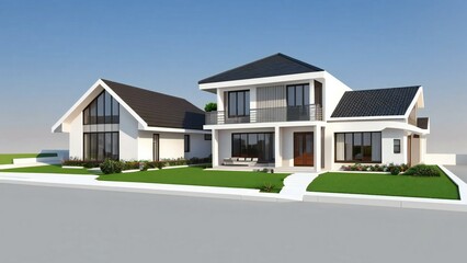 Fototapeta premium Modern luxury residential houses with white facades, dark roofs, and green lawns against a clear blue sky, ideal for real estate and architectural design projects.