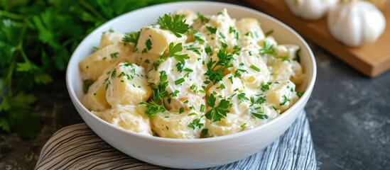 Potato salad presented as flat lay in white bowl with parsley garnish.