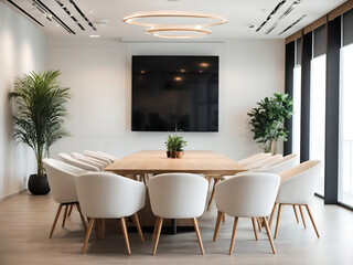 Conference room modern design, white empty wall. Modern furnished conference room beautifully designed. The meeting room in the office is a bright, stylishly desi copy space. Business interior concept