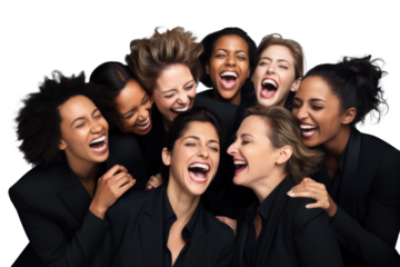 Group of diverse happy women laughing together against transparent background, dressed in black. Unity. Friendly team.