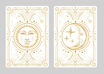 Fototapeta na wymiar Set of Modern magic witchcraft cards with astrology sun and moon sign with human face. Day and nignt. Realistic hand drawing vector illustration