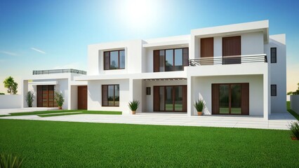 Fototapeta na wymiar 3d house model rendering on white background, 3D illustration modern cozy house