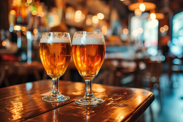 Golden Beer Glasses on Bar Table