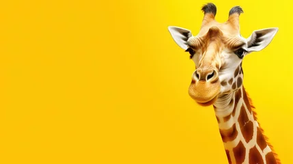 Gardinen Close-up of a giraffe's face on a yellow background, close-up portrait of a giraffe © екатерина лагунова