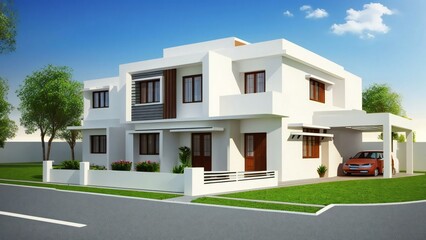 Obraz premium Modern white two-story residential house with brown accents, a red car in the carport, green lawn, and blue sky, ideal for real estate and architectural design visuals.