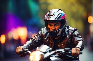 A man wearing a helmet and riding a motorcycle