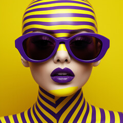 pop art portrait of a woman with purple sunglasses and a yellow background