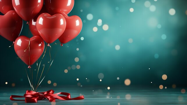 A dark teal celebration backdrop with copy space has a red hearts balloon decorated with ribbons, Generative AI.