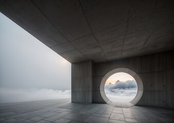 round window in a concrete room looks out onto a cloud-filled sky. The sky is orange and yellow, and there are a few clouds. The room has grey stone floors and grey walls.