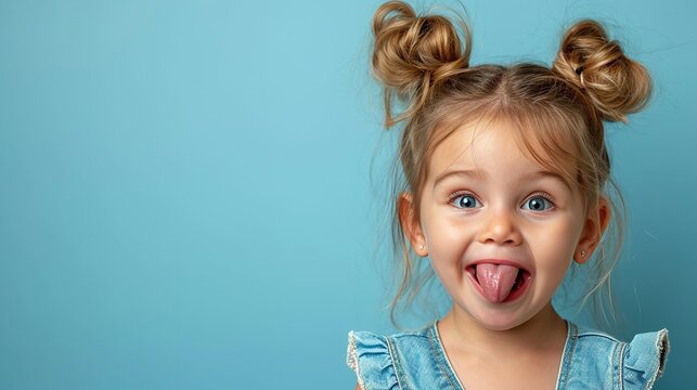 A little girl is making a face sticking her tongue out on clean backdrop, space, Generative AI.