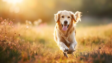Happy and healthy dog running and playing at a sunny meadow. Generative AI. 