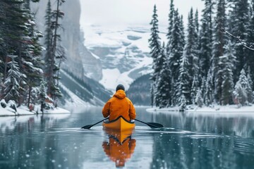 A male tourist wearing a winter coat kayaking across a breathtaking landscape, Generative AI.