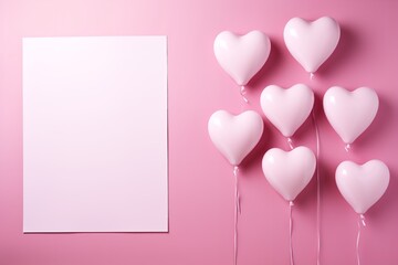 A pink backdrop with pink heart-shaped helium balloons and a piece of paper, space, Generative AI.