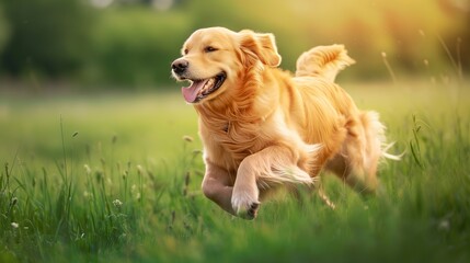 Happy and healthy dog running and playing at a sunny meadow. Generative AI. 