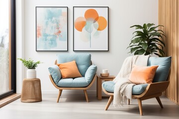 Two blue armchairs with orange pillows in a living room