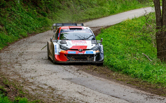 Toyota Yaris Gazoo race car racing at WRC Croatia Rally on road through forest