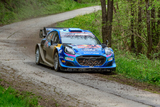 Ford M-sport WRT race car racing at WRC Croatia Rally on road through forest