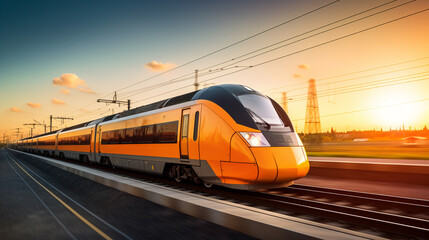Fototapeta premium High speed orange train. AI Generative.
